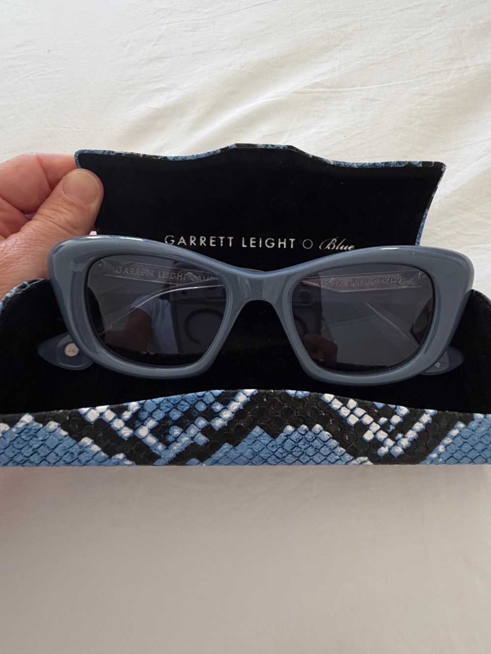 Garrett Leight Slate Blue Cat Eye Sunglasses with Patterned Case